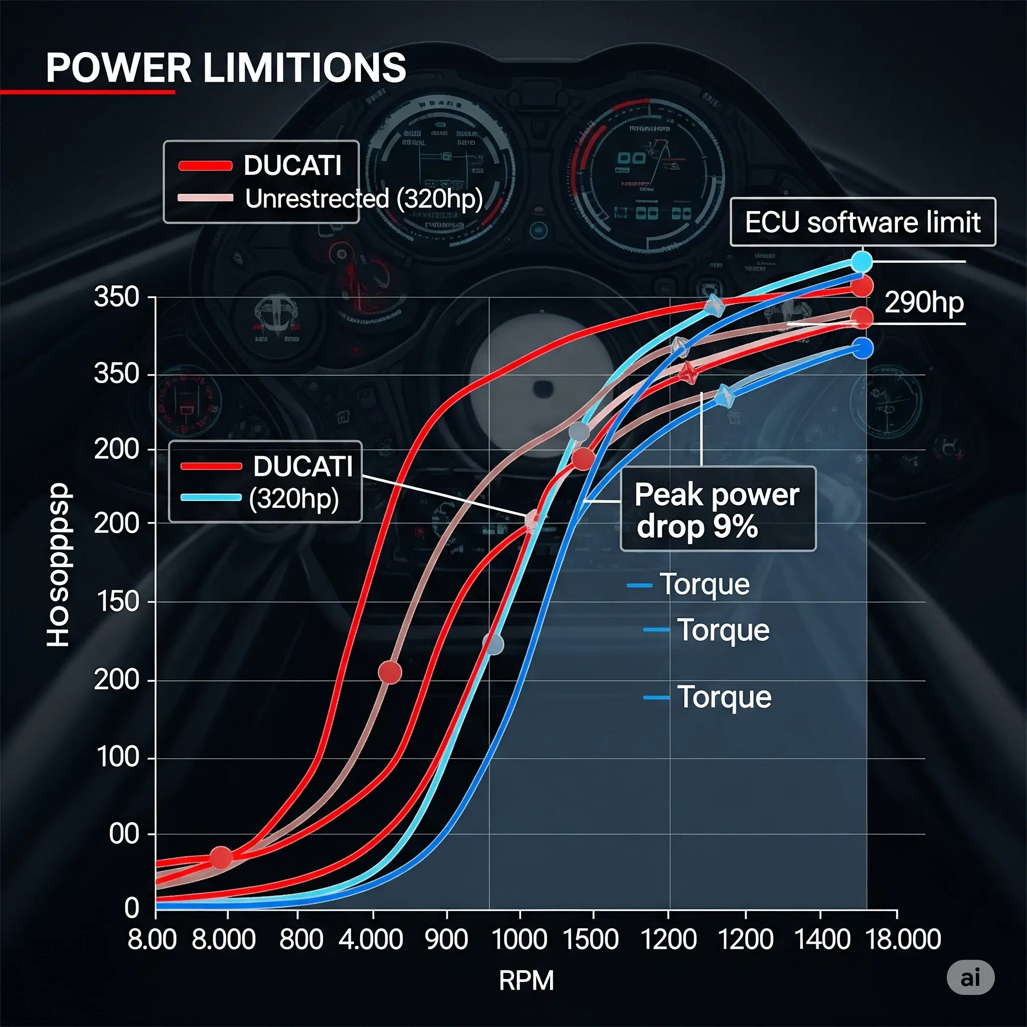 Graphique comparatif des courbes de puissance des moteurs MotoGP avant et après la limitation à 290 chevaux