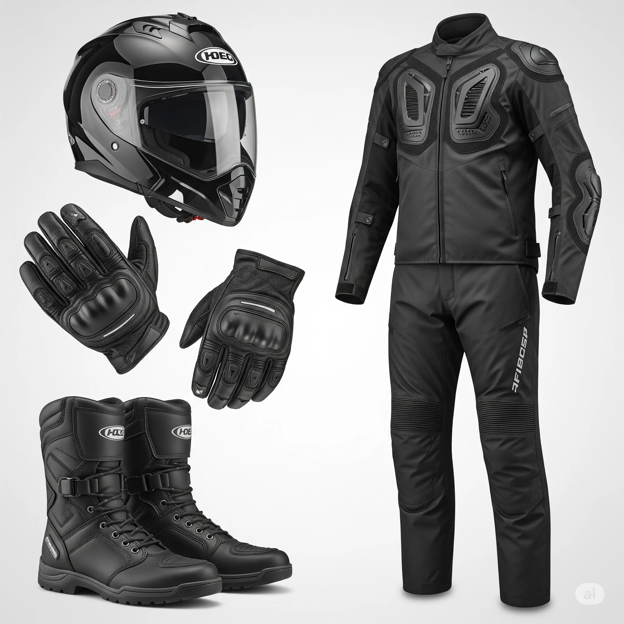 Équipements de sécurité pour motard (casque, gants, veste)