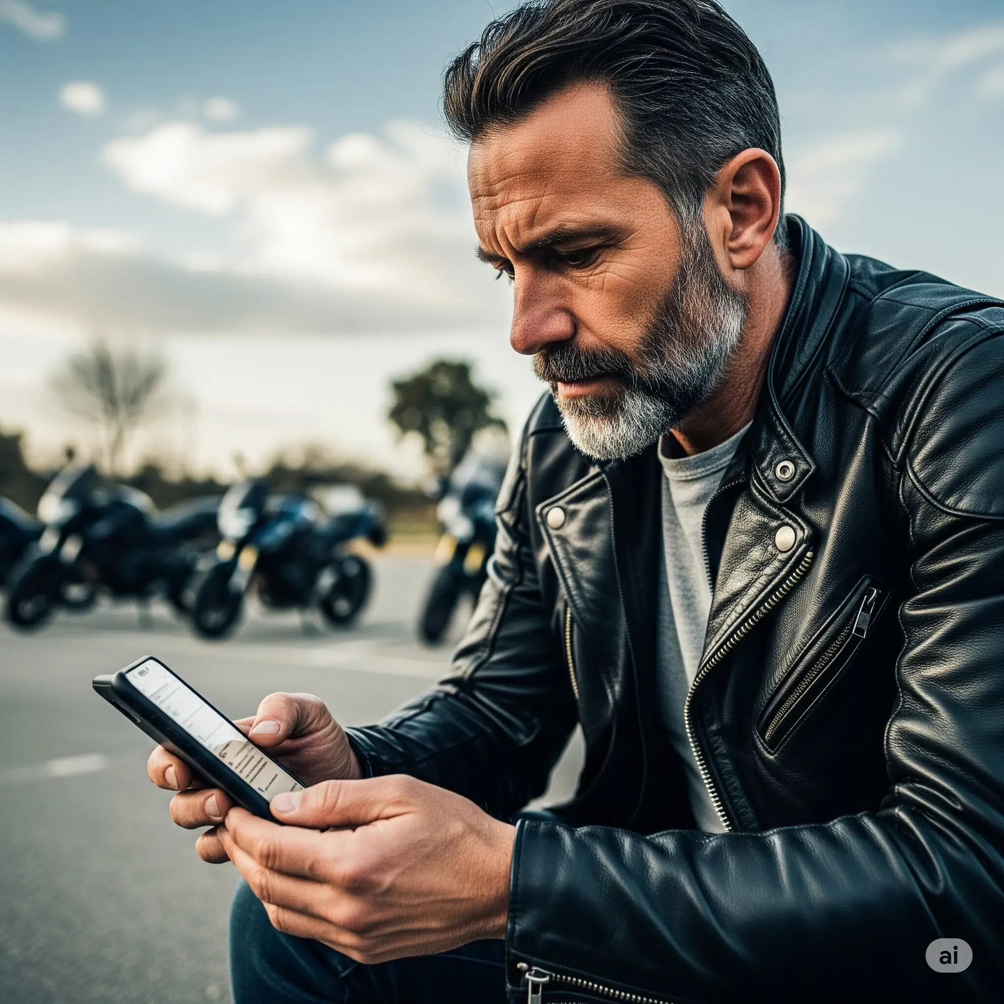Motard consultant des informations en ligne