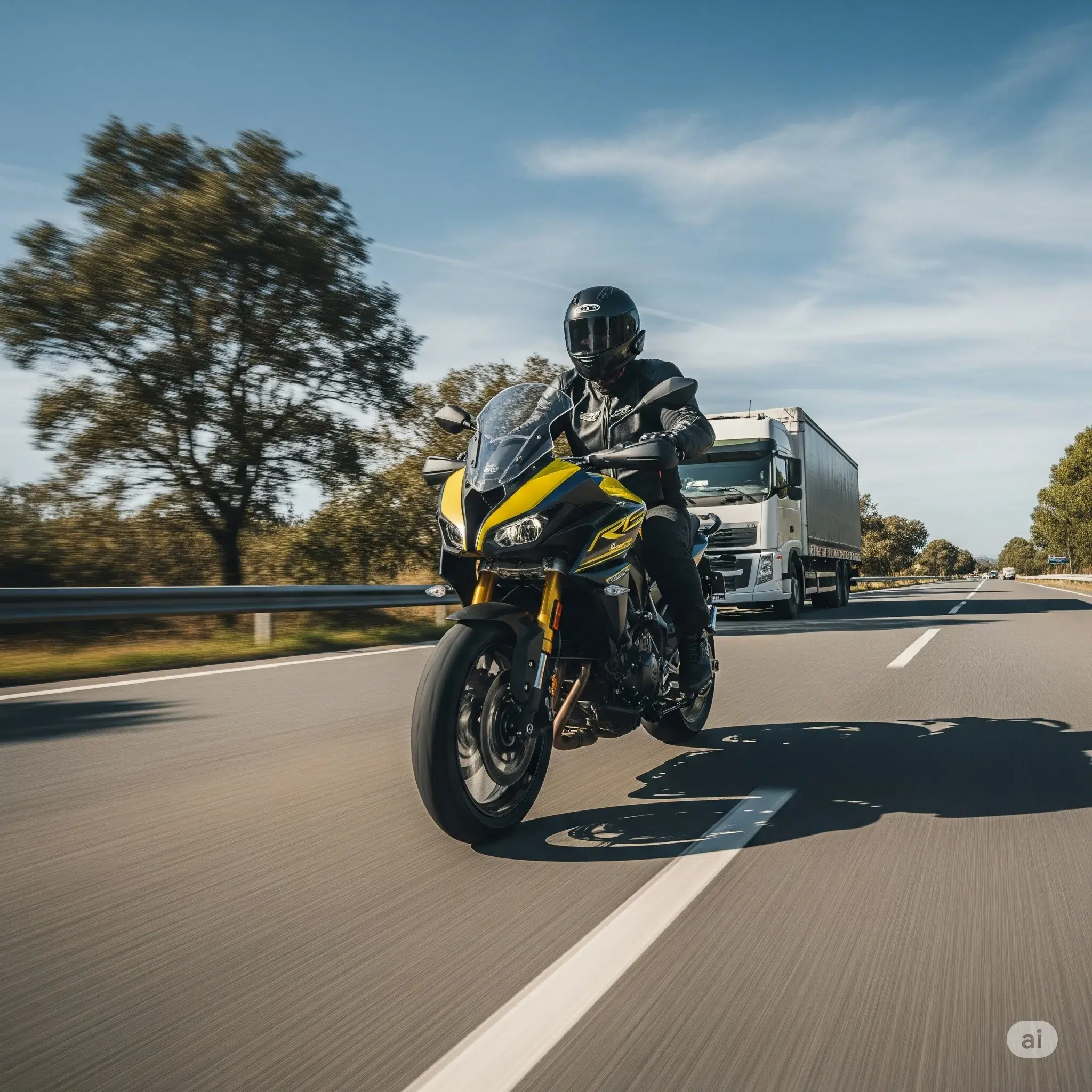 Motard effectuant un dépassement sécurisé sur la route