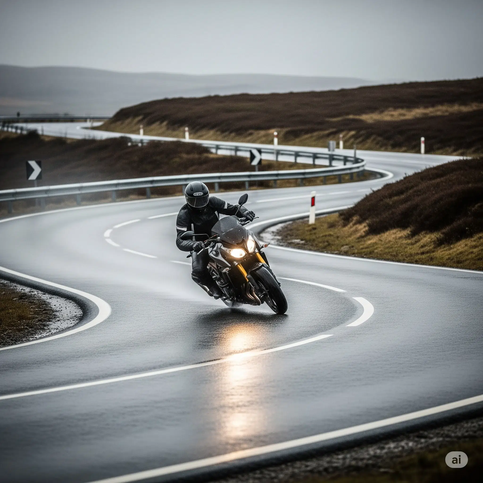 Moto dans virage sur route humide