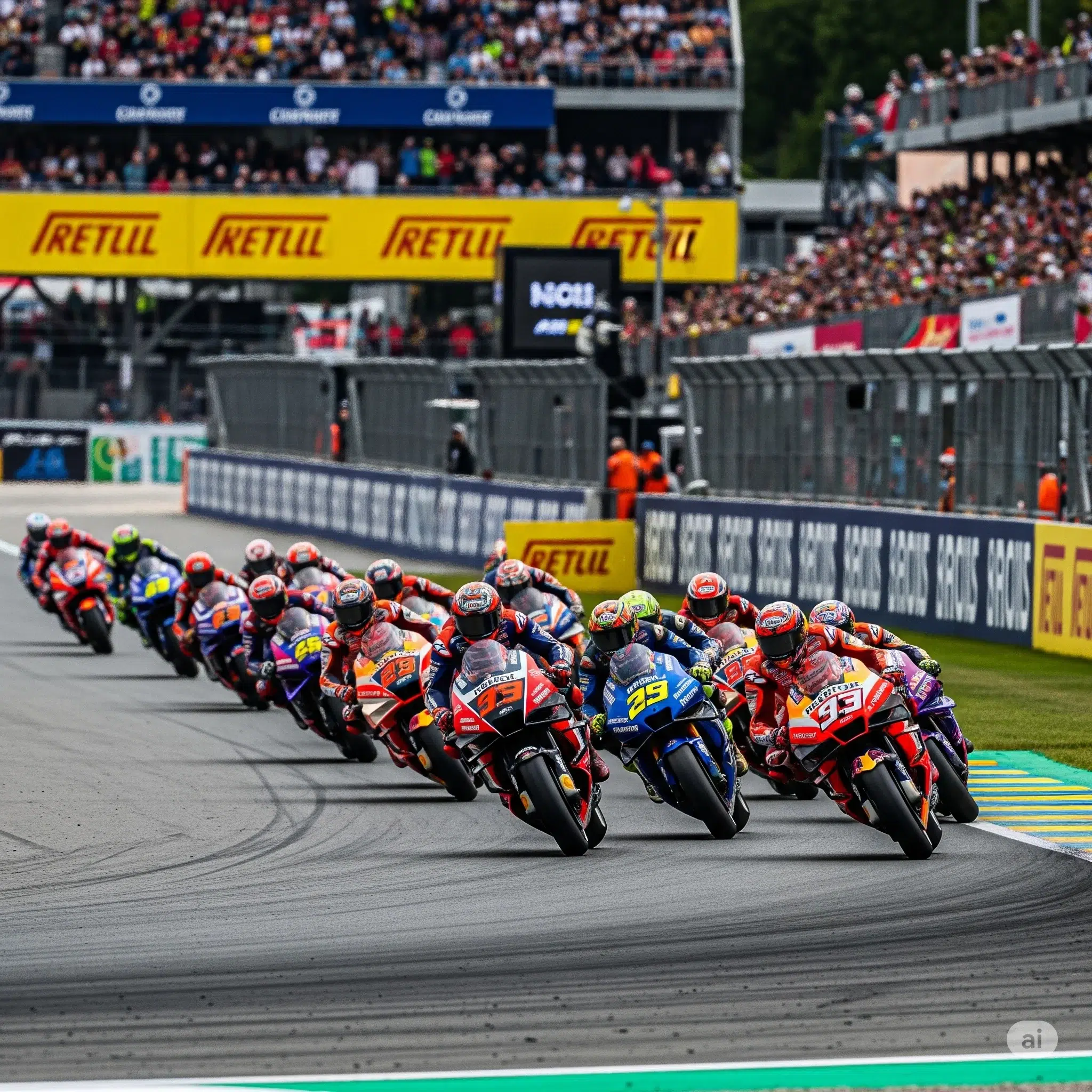 MotoGP en pleine course, plusieurs pilotes en action sur un circuit ensoleillé