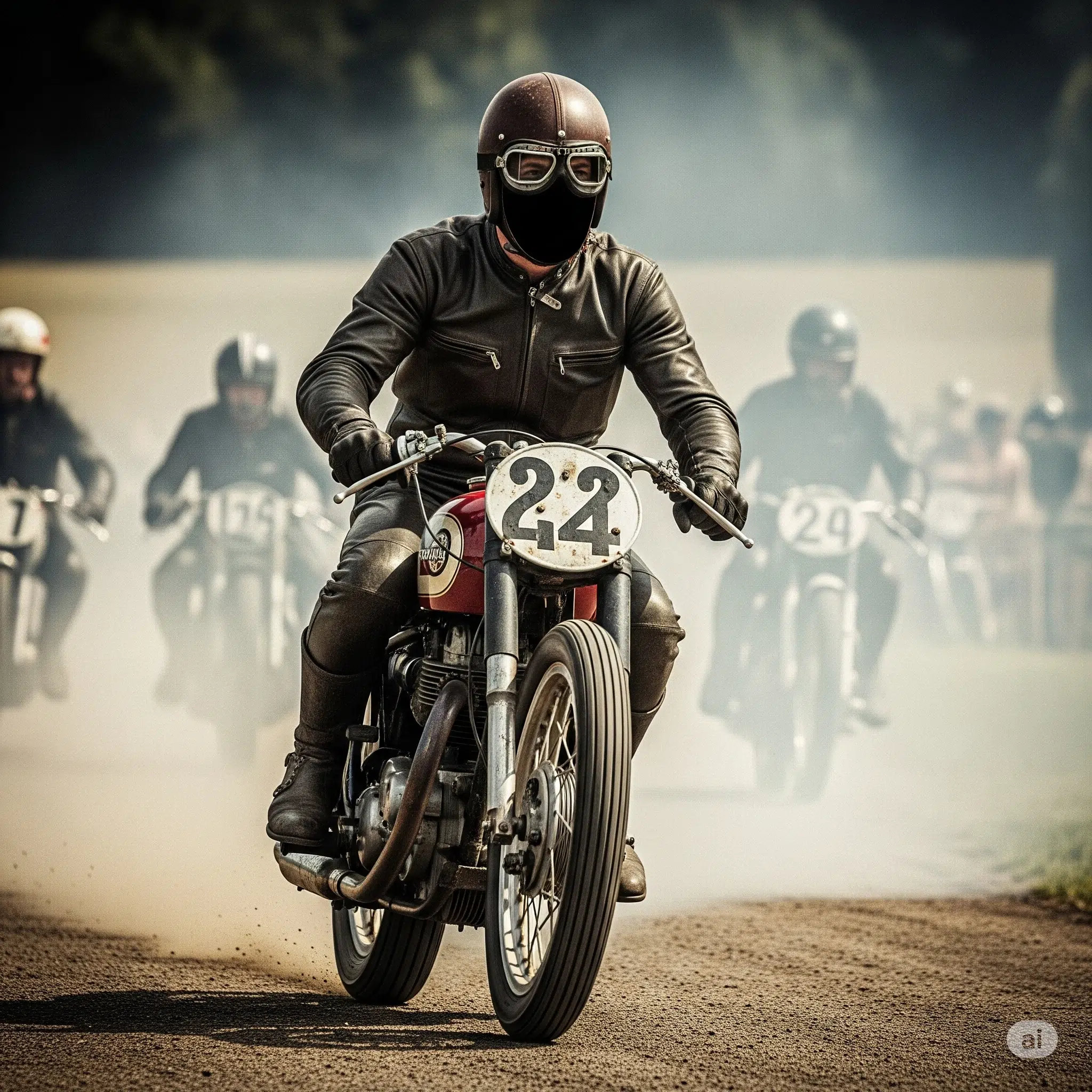 Pilote de moto de course dans les années 1950 avec un casque et une combinaison rudimentaires