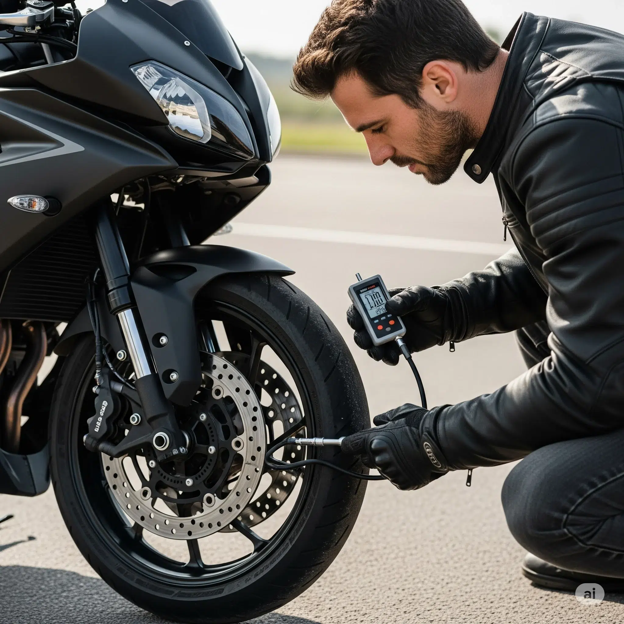 Vérification de la pression des pneus d'une moto