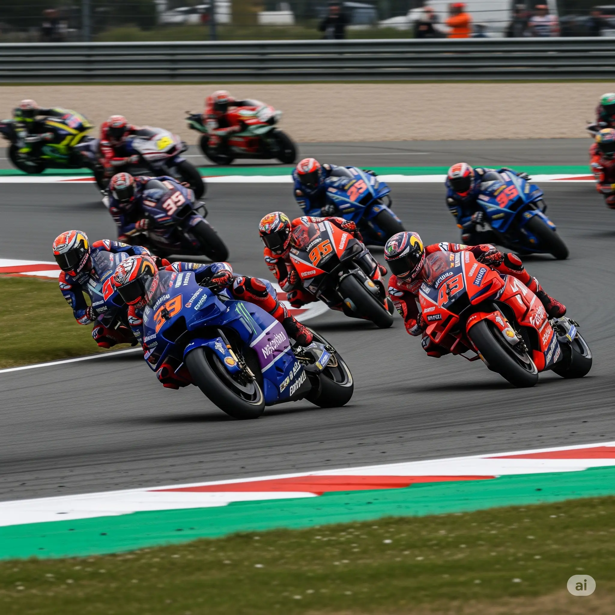Vue dynamique de plusieurs motos MotoGP en pleine course sur un circuit, avec des couleurs vives et la vitesse soulignée par un flou de mouvement.