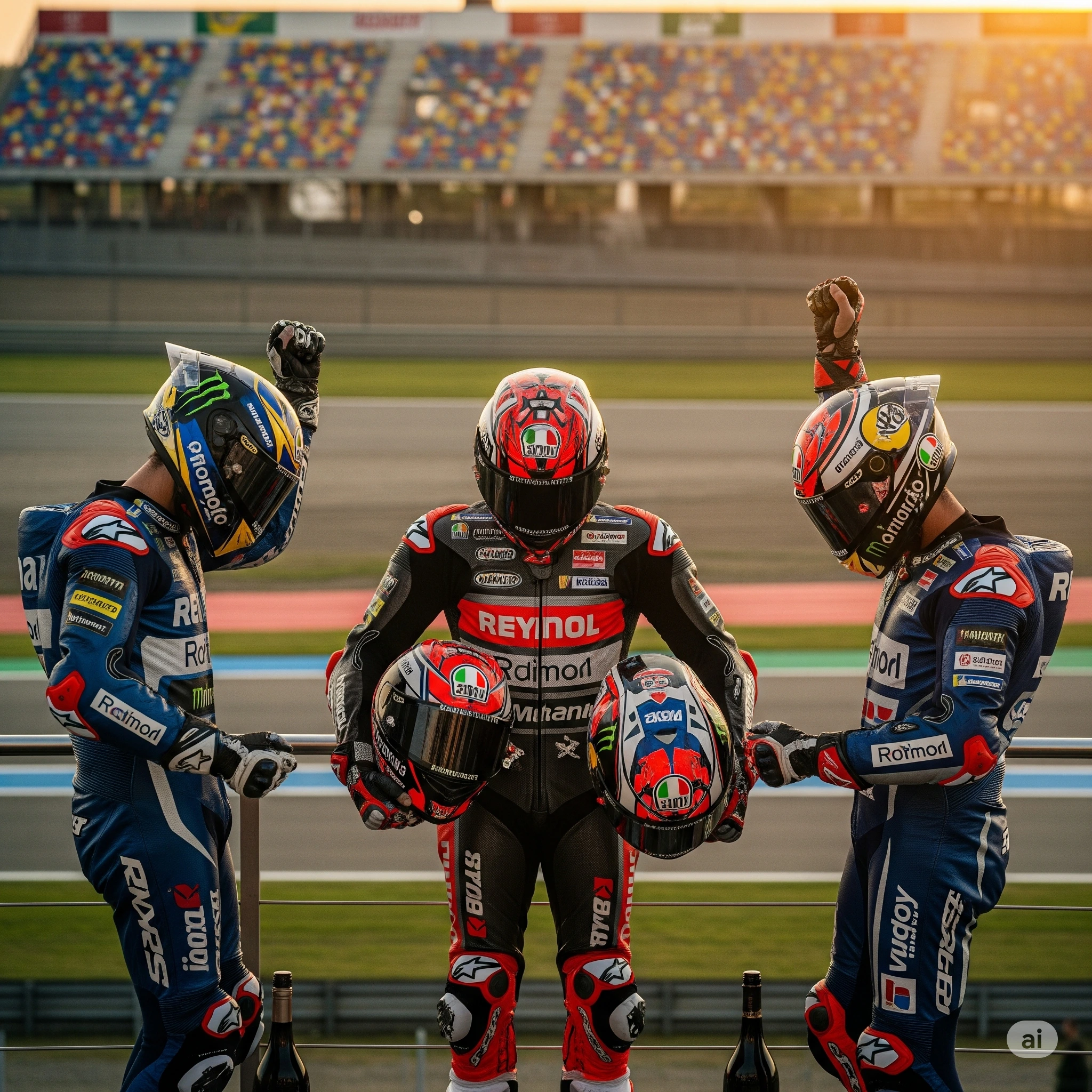 Photo d'un podium MotoGP avec des pilotes célébrant, symbolisant la victoire et l'esprit de compétition du championnat.
