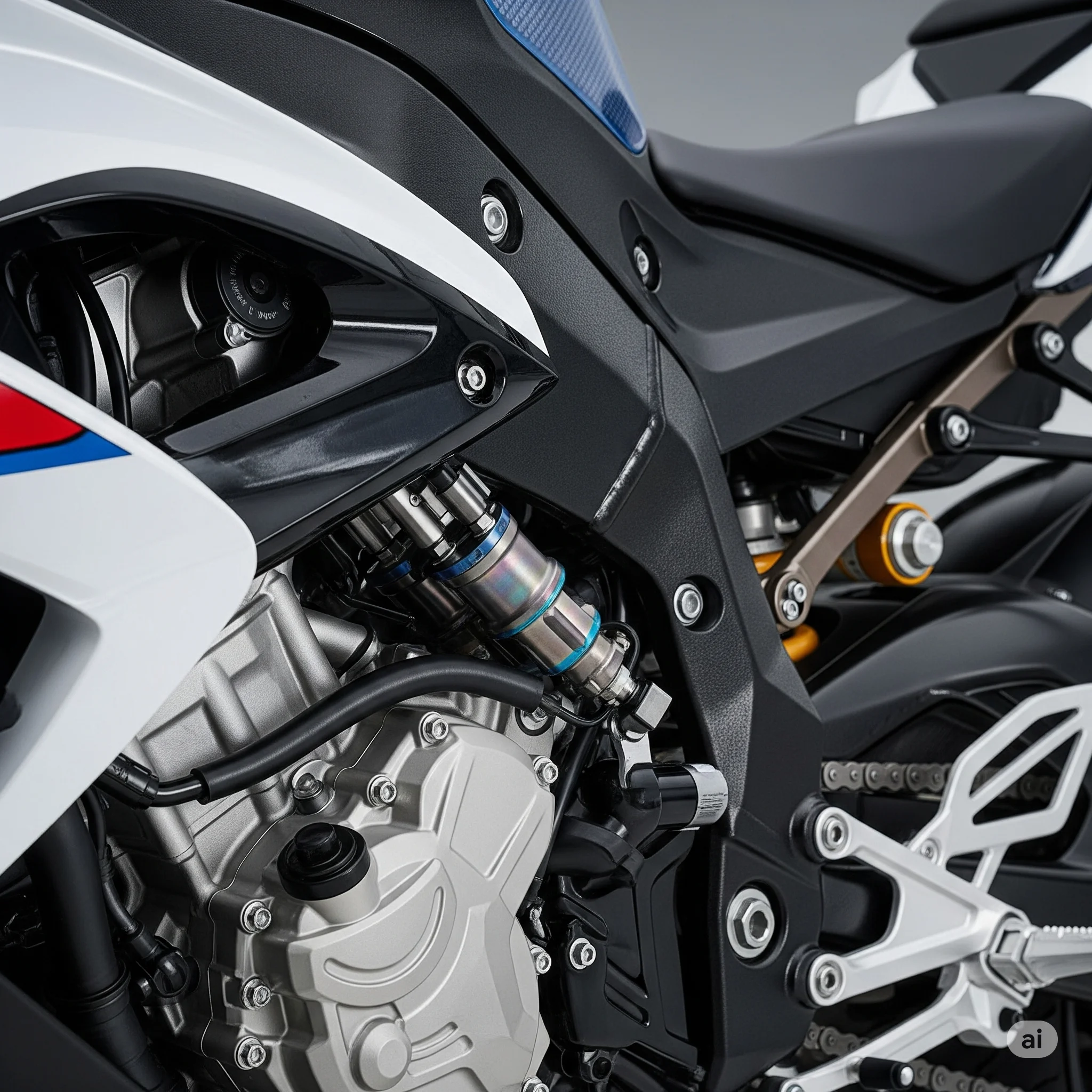 Gros plan sur le moteur ou un détail technologique de la BMW S1000RR, symbolisant sa puissance et son ingénierie de pointe.