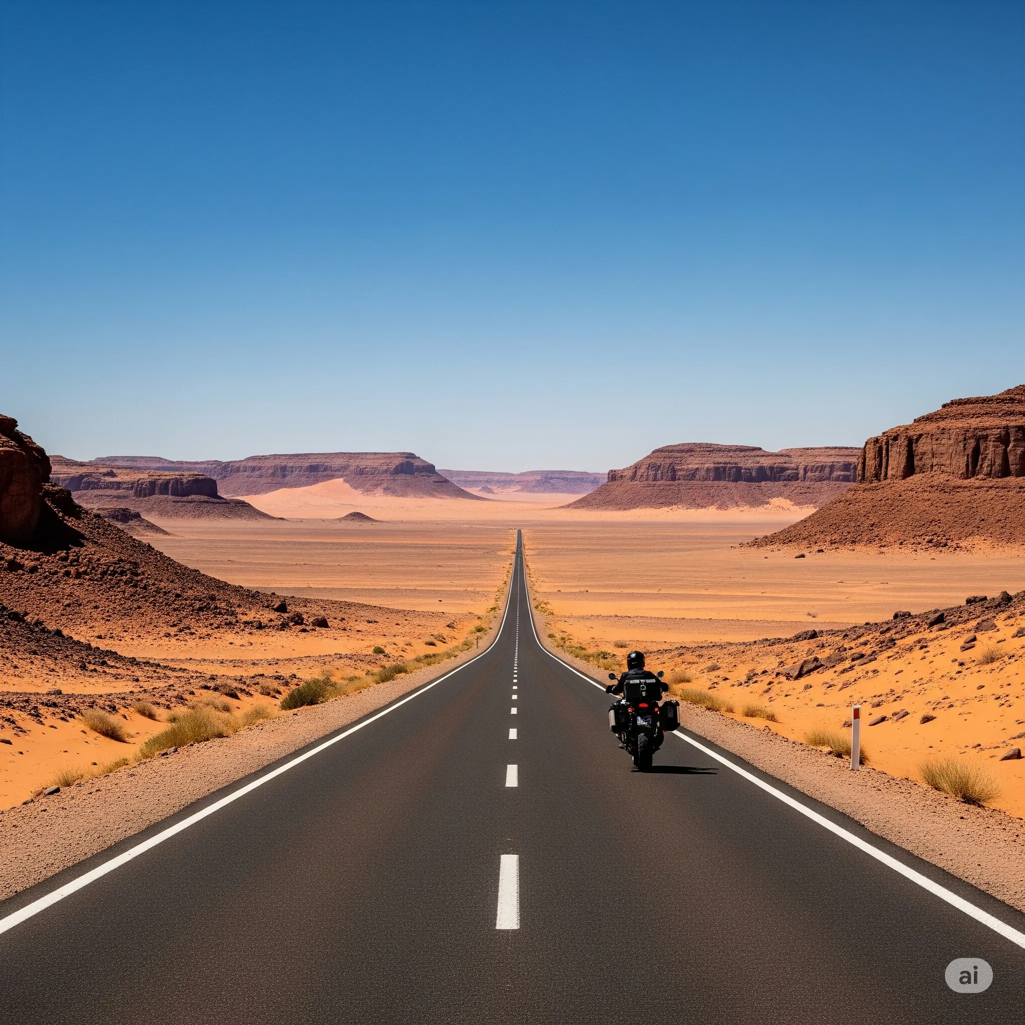 Étendues désertiques avec une route s'étirant à l'horizon, symbolisant l'exploration à moto.
