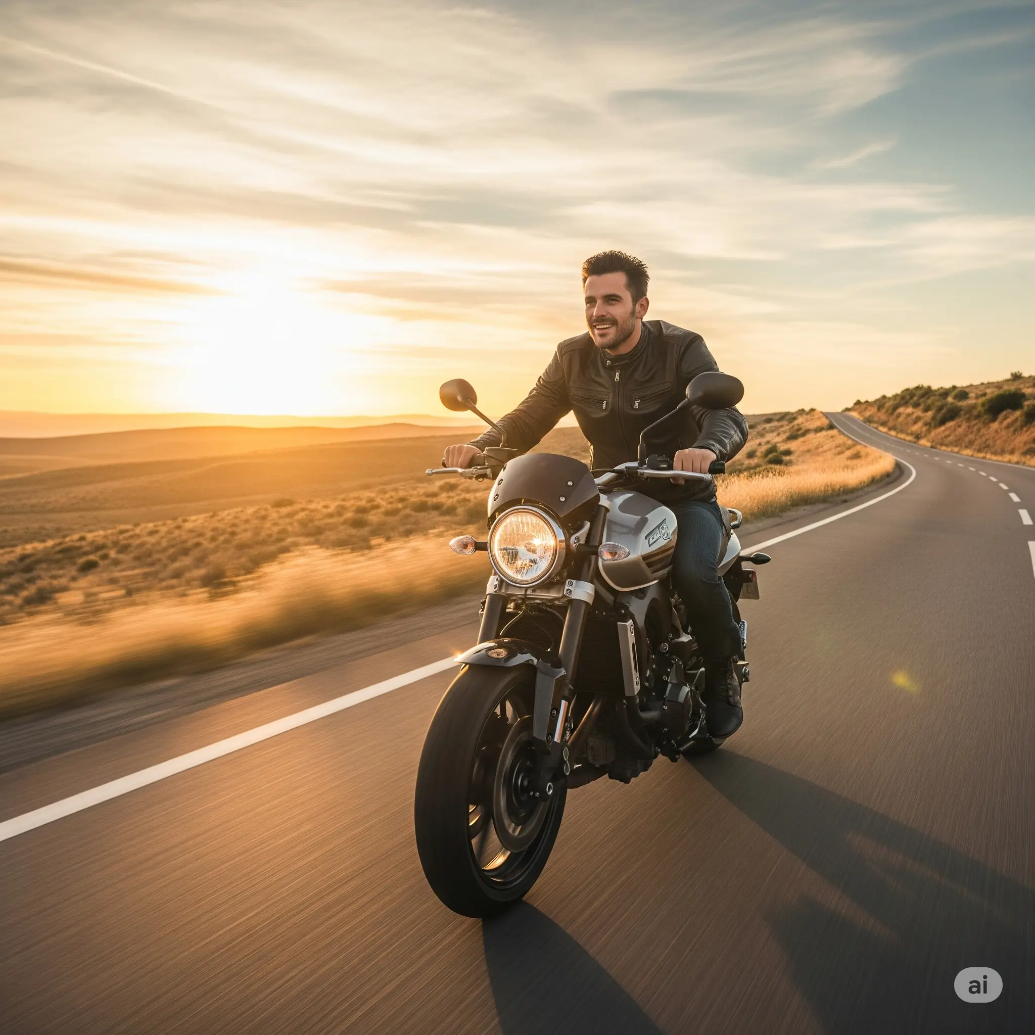 Motard profitant de la liberté sur une route ouverte au coucher du soleil.