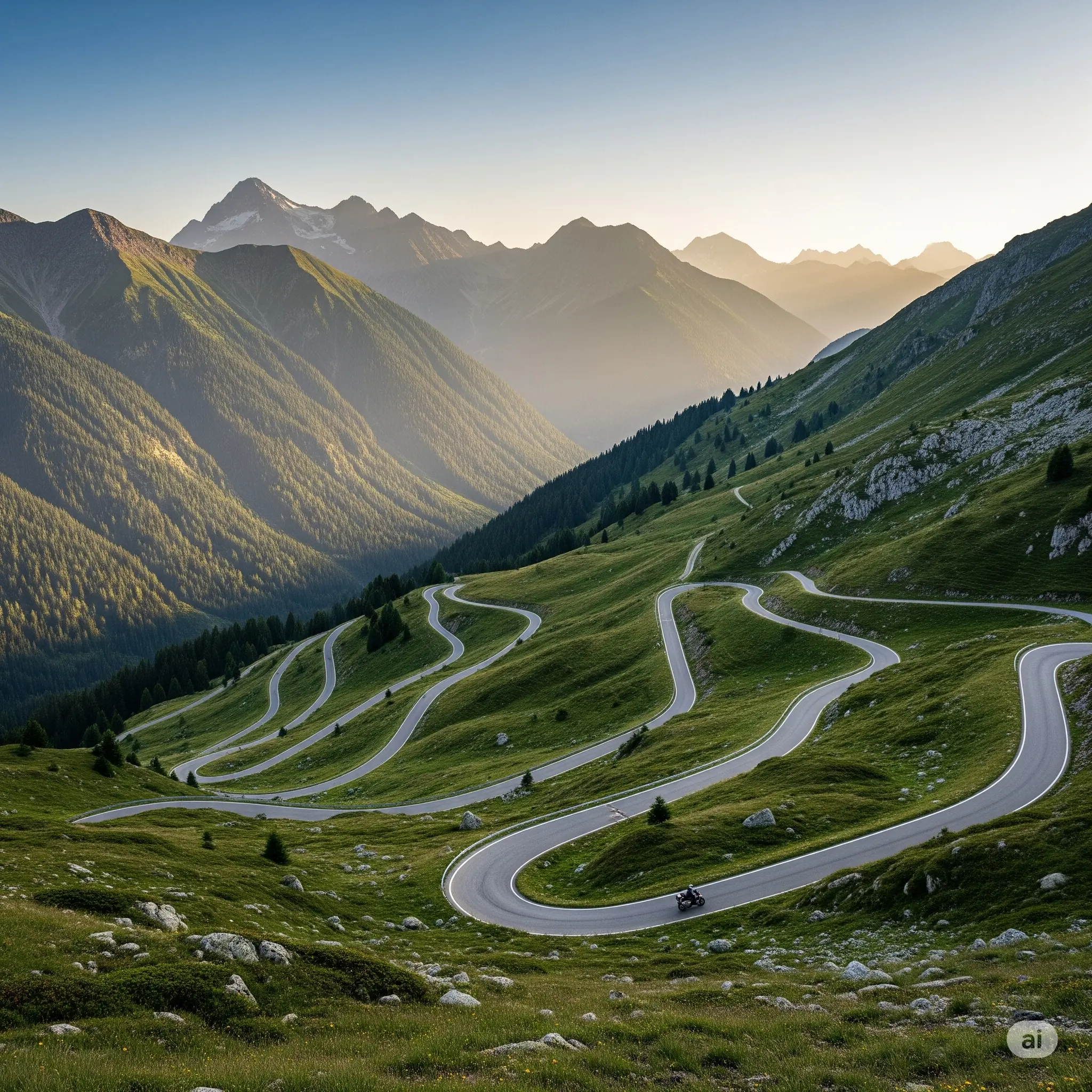 Paysage montagneux avec des routes sinueuses, idéal pour un voyage à moto épique.