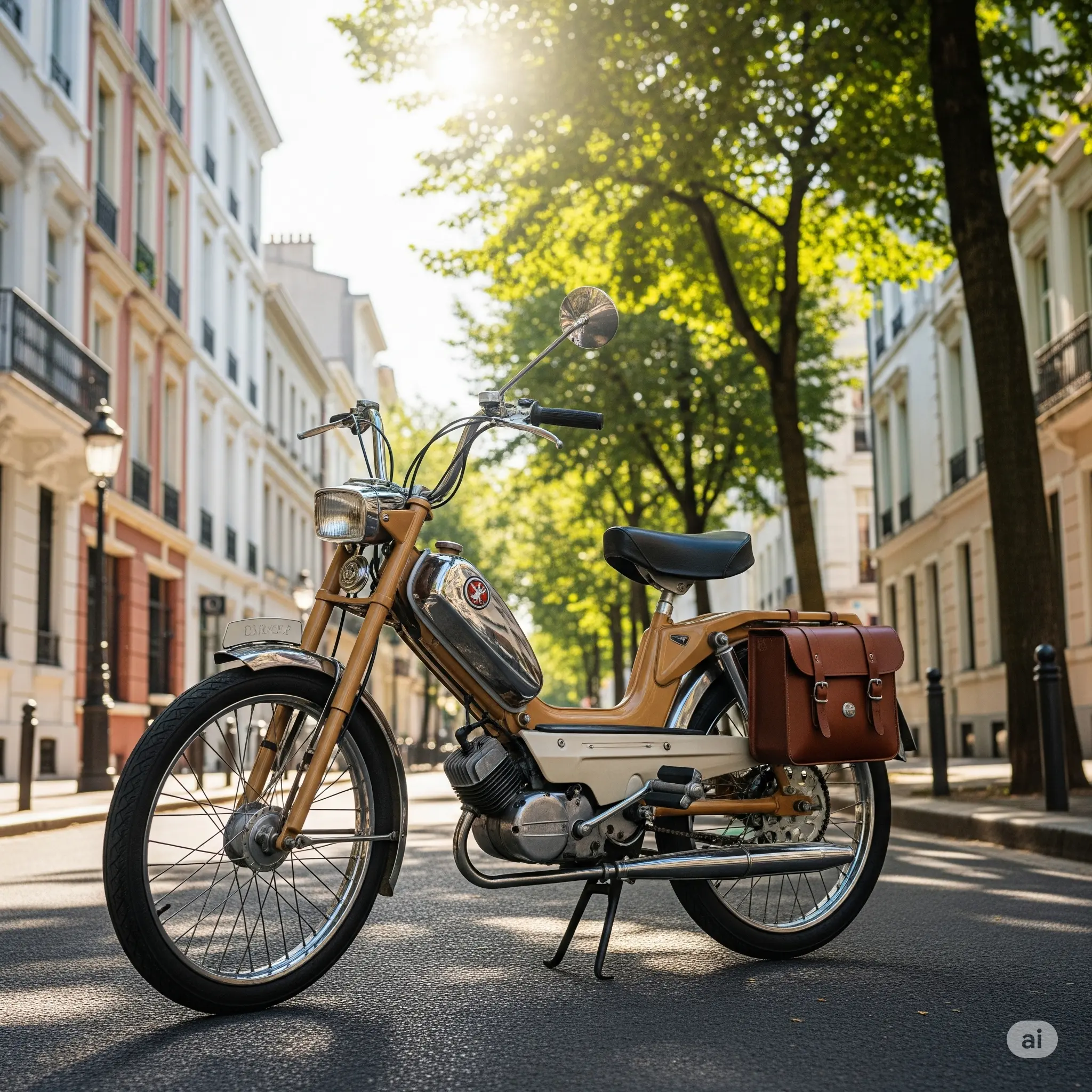 Une image photoréaliste d'une mobylette vintage 50cc, de conception française classique, avec un corps beige et chromé, garée dans une rue bordée d'arbres dans un quartier urbain ensoleillé. La mobylette a une petite sacoche de selle en cuir vintage attachée à l'arrière. Des bâtiments avec des détails architecturaux européens classiques et des façades colorées encadrent la scène. Le soleil brille intensément, projetant une douce lumière sur la rue et ajoutant à l'ambiance nostalgique. La mobylette incarne le style et l'élégance du design français classique. La scène rappelle une époque révolue, la mobylette évoquant la joie des promenades tranquilles dans de charmantes rues urbaines ensoleillées. L'impression générale est celle du style français classique et d'une journée ensoleillée et nostalgique dans un environnement urbain vibrant.

