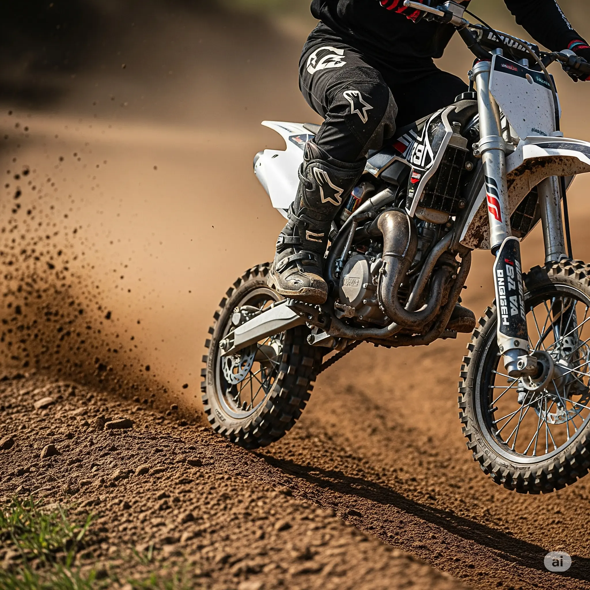 Une image photoréaliste en gros plan d'une moto de motocross 50cc en pleine action, avec un angle dynamique capturant la moto en plein saut au-dessus d'un monticule de terre sur une piste tout-terrain. De la terre et de la poussière volent autour de la moto, créant une sensation de vitesse et d'énergie. L'image détaillée capture le design complexe de la moto, des petites roues et du moteur à la suspension et au guidon. La piste tout-terrain est rugueuse et inégale, avec des ornières et des bosses visibles, suggérant un parcours difficile. L'éclairage est lumineux et naturel, la lumière du soleil illuminant la poussière et soulignant la texture du terrain. La composition crée une sensation de mouvement et de vitesse, la moto semblant figée dans le temps au sommet de son saut.
