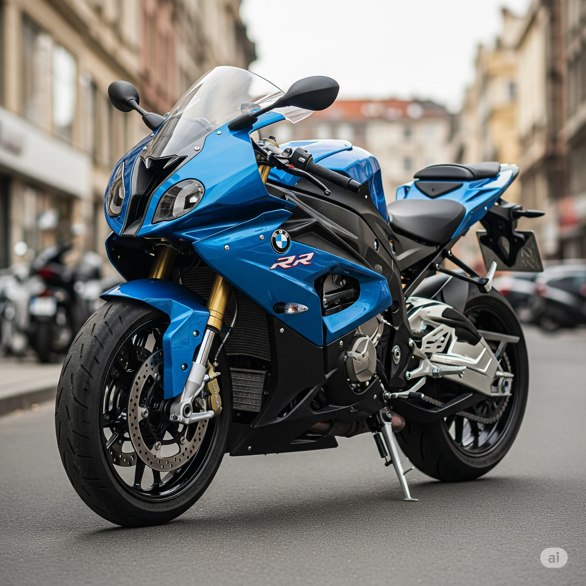 Photo d'une BMW S1000RR garée, affichant son design élégant et sa présence imposante, sur fond urbain ou naturel.