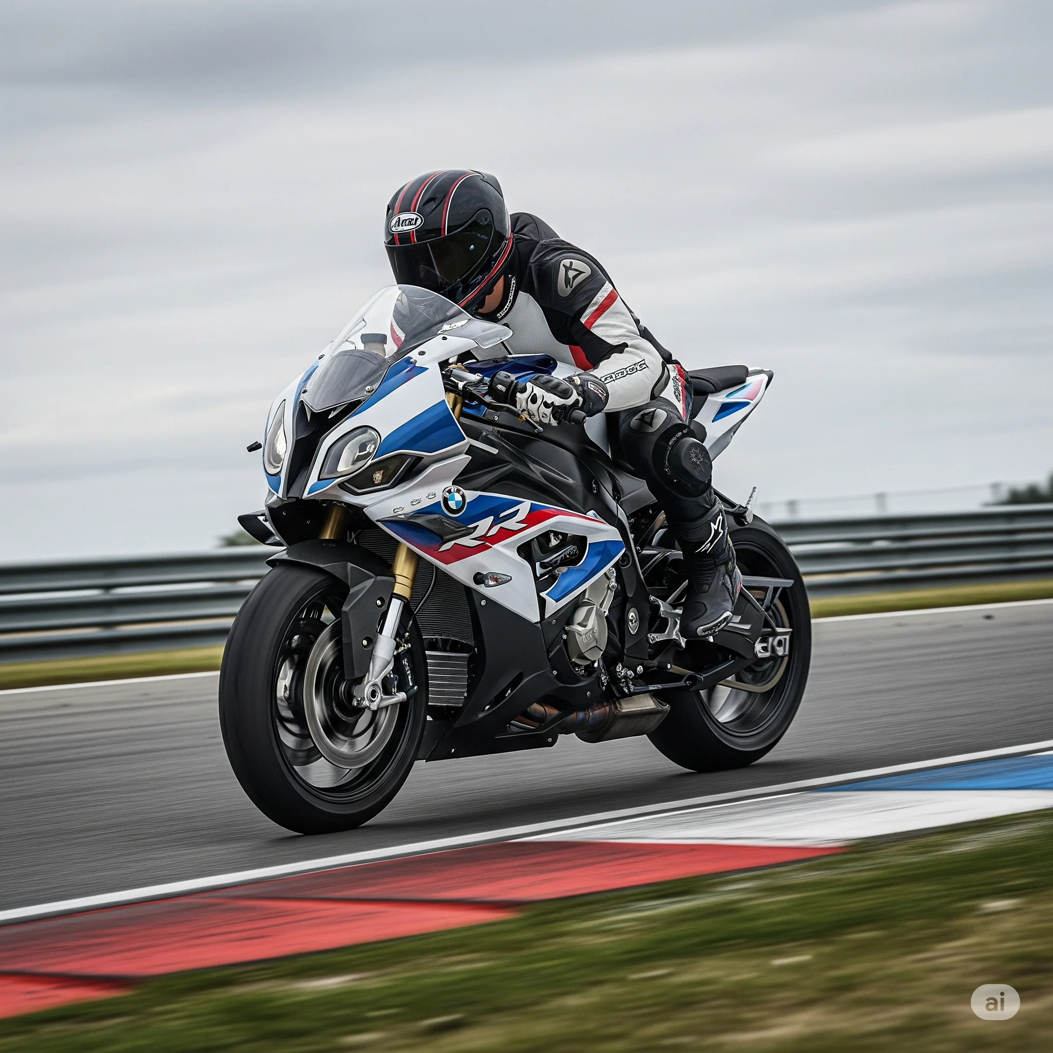 Photo dynamique d'une BMW S1000RR moderne, en action sur une piste de course, mettant en avant son design agressif et ses performances.